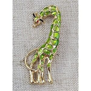 Giraffe Brooch Pin Womens OS Green Enamel Gold Tone Safari Animal Jewel